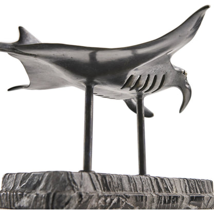 Manta Ray Bronze Statue with Marble Base by Jonathan Charles in dark rustic waxed bronze. Made from main brass in a unique style.