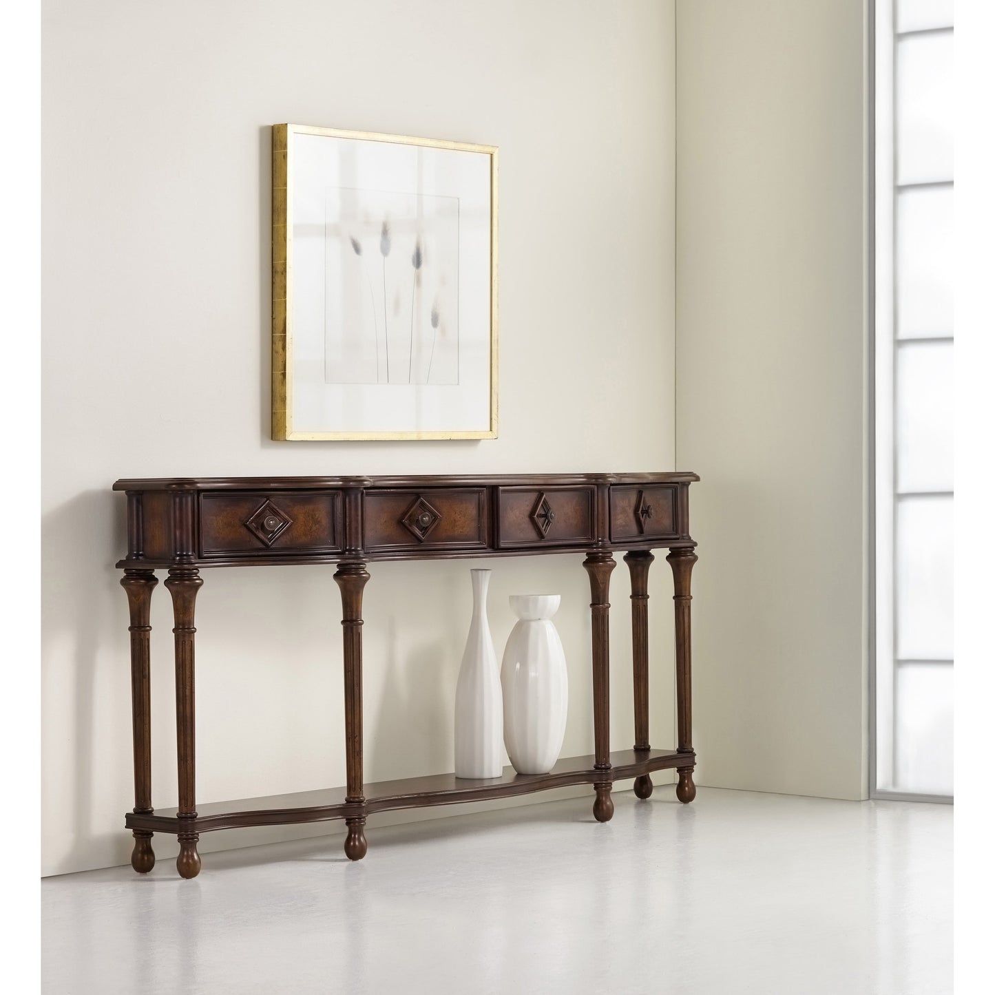 003 SI-1748952 | Lifestyle | Hall Console by Hooker Furniture in cherry. Made from cherry, chestnut burl veneers in a traditional style.