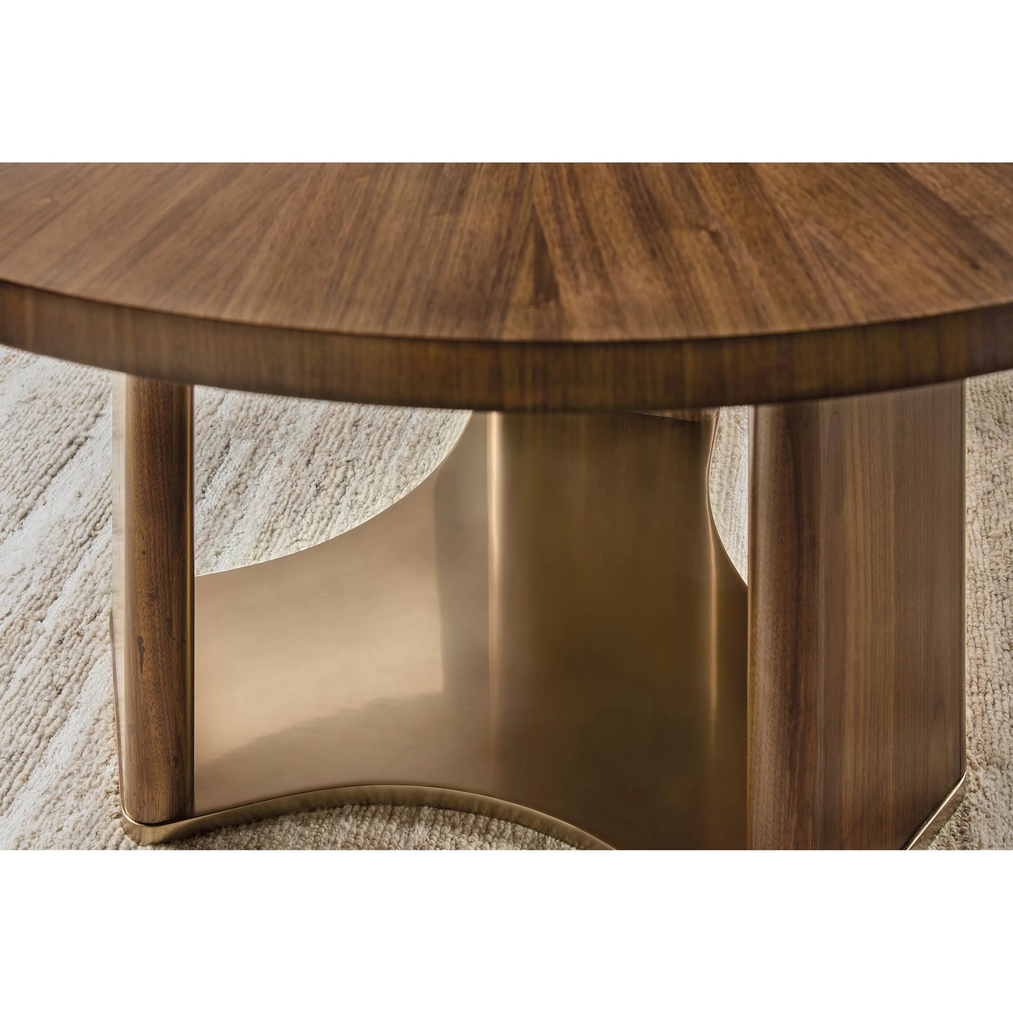 005 SI-2458561 | Closeup | Eleana Round Dining Table by Hooker Furniture in light caramel, sunlit bronze metal. Made from walnut veneers, metal in a modern style.