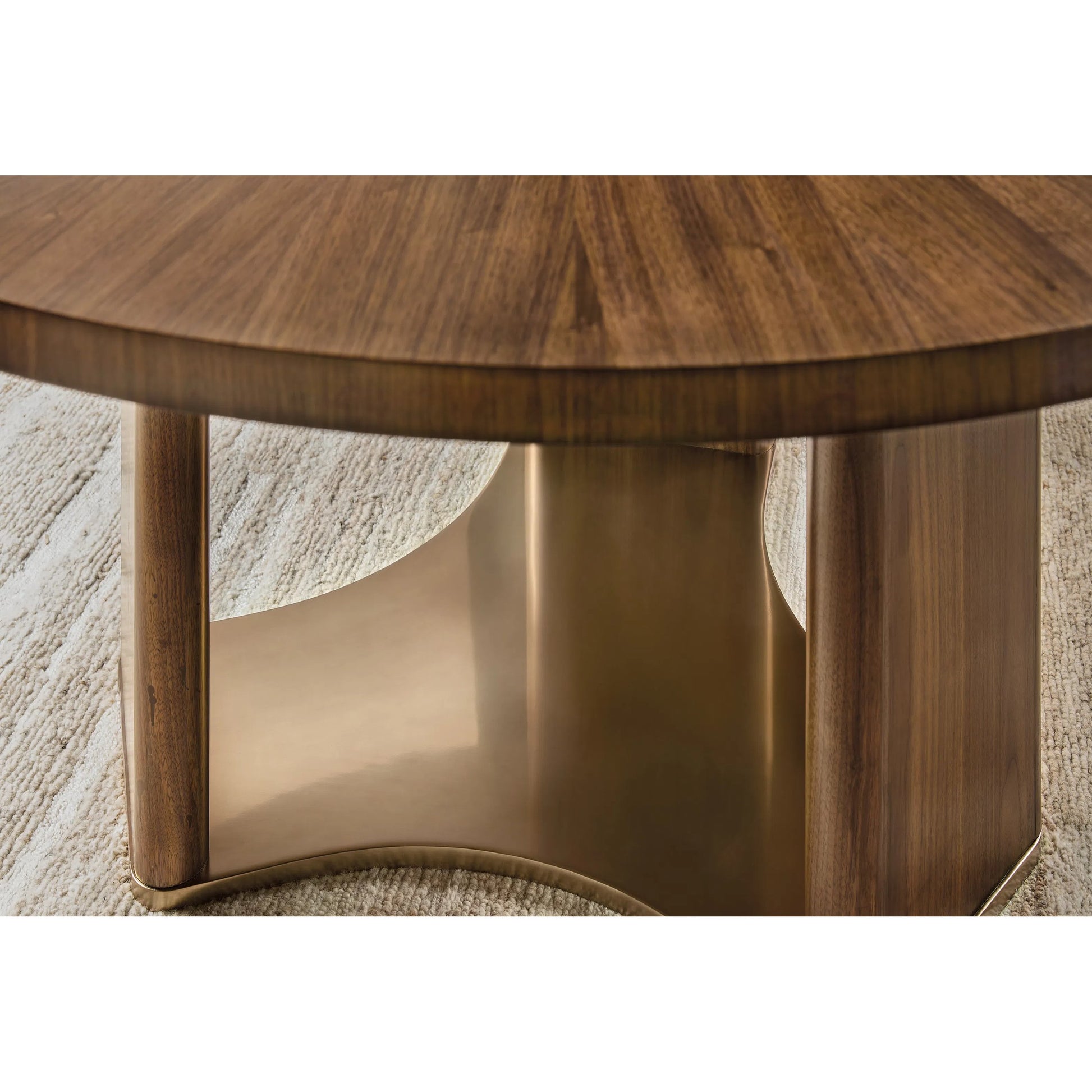 Eleana Round Dining Table by Hooker Furniture in light caramel, sunlit bronze metal. Made from walnut veneers, metal in a modern style.