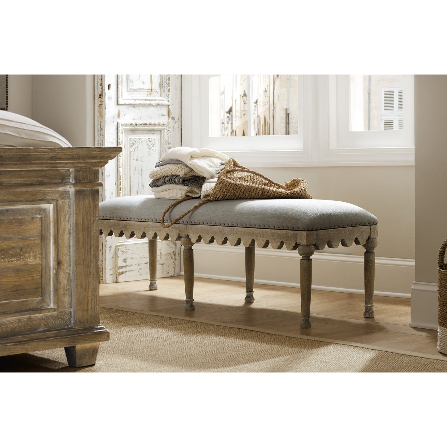 006 SI-1748447 | Lifestyle | Madera Bed Bench by Hooker Furniture in grey and light brown, soft gray. Made from fabric in a traditional style.