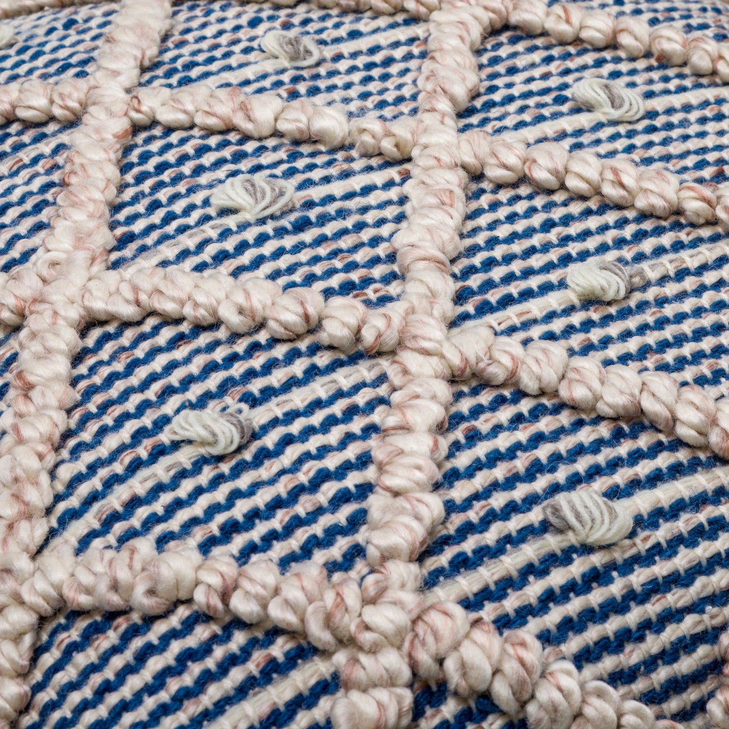 008 SI-1920624,SI-1920625 | Closeup | Nacka Pillow - NKA-001 by Surya in ivory, blue. Made from front: 100% recycled pet yarn, back: 100% polyester in a cottage & farmhouse style.