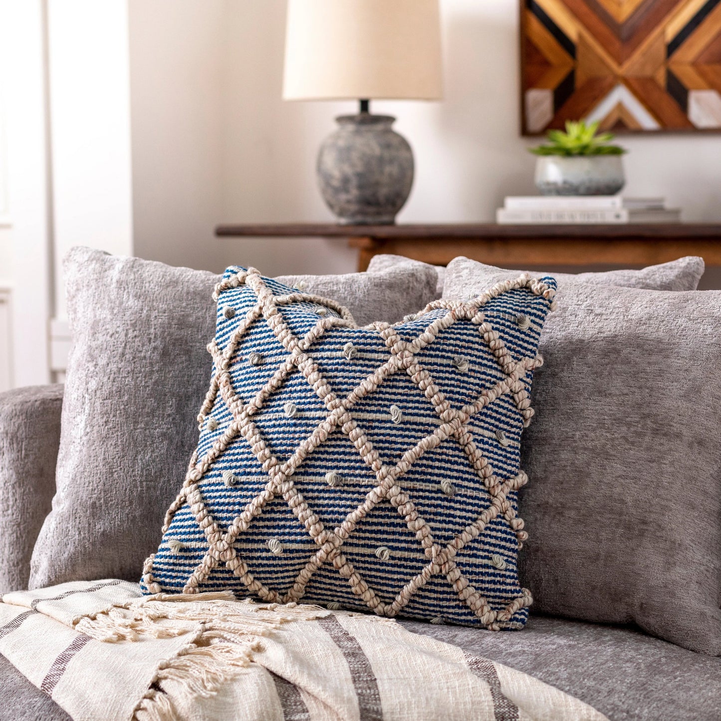 001 SI-1920624,SI-1920625 | Lifestyle | Nacka Pillow - NKA-001 by Surya in ivory, blue. Made from front: 100% recycled pet yarn, back: 100% polyester in a cottage & farmhouse style.