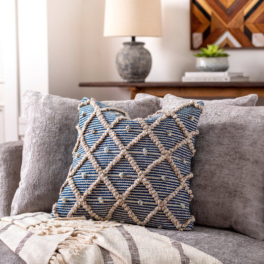 Nacka Pillow - NKA-001 by Surya in off-white, pearl, beetle blue. Made from front: 100% recycled pet yarn, back: 100% polyester in a cottage & farmhouse style.