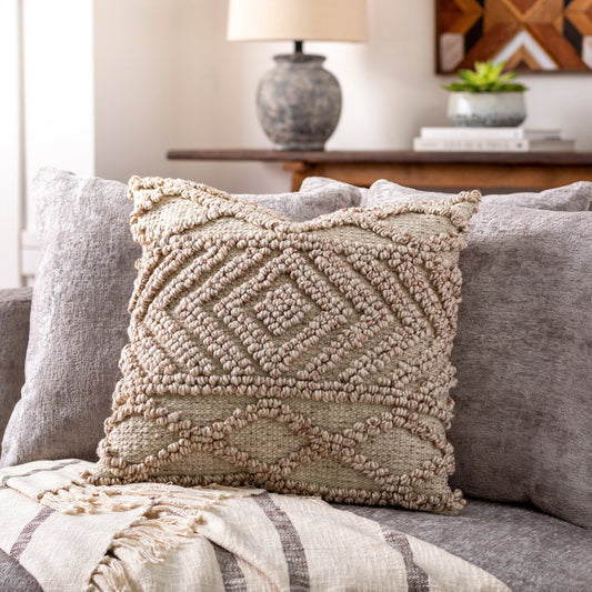 Nacka Pillow - NKA-002 by Surya in pearl, khaki. Made from front: 100% recycled pet yarn, back: 100% polyester in a cottage & farmhouse style.