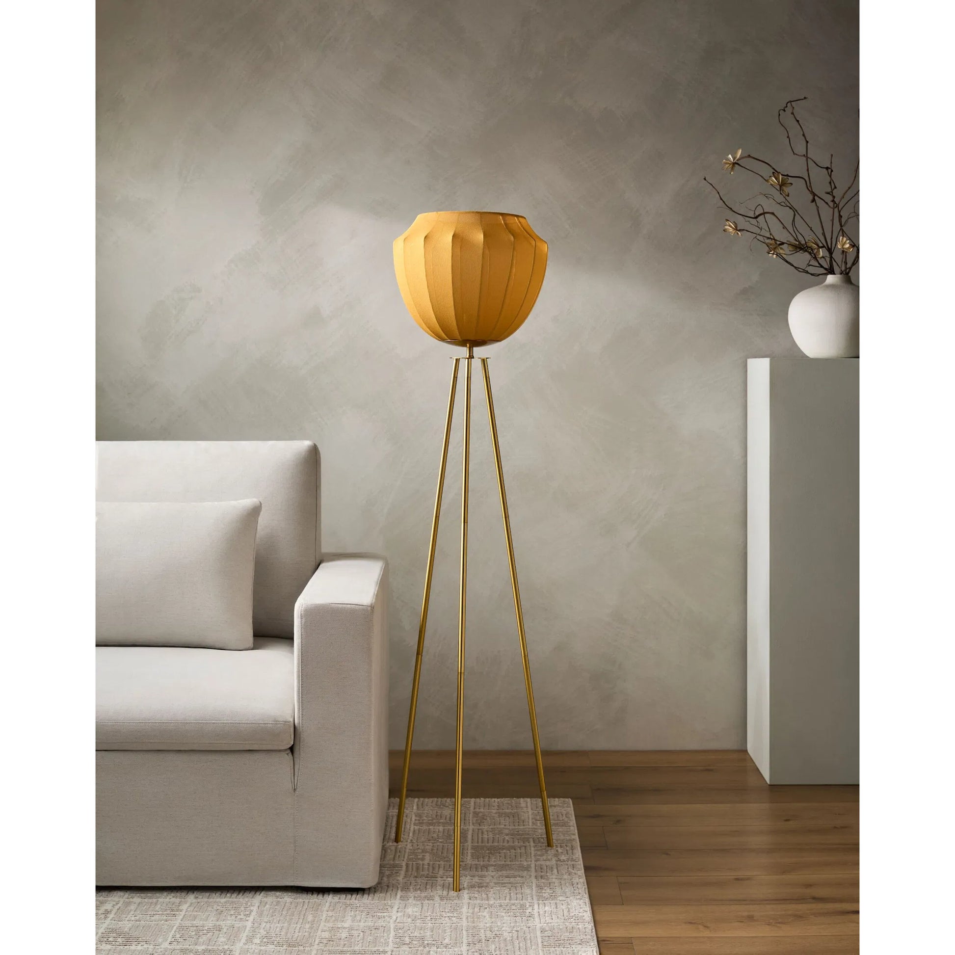 Nokomis Accent Floor Lamp by Livabliss in body: metallic - gold; shade: yellow; cord: translucent and plated. Made from iron, linen in a transitional style.