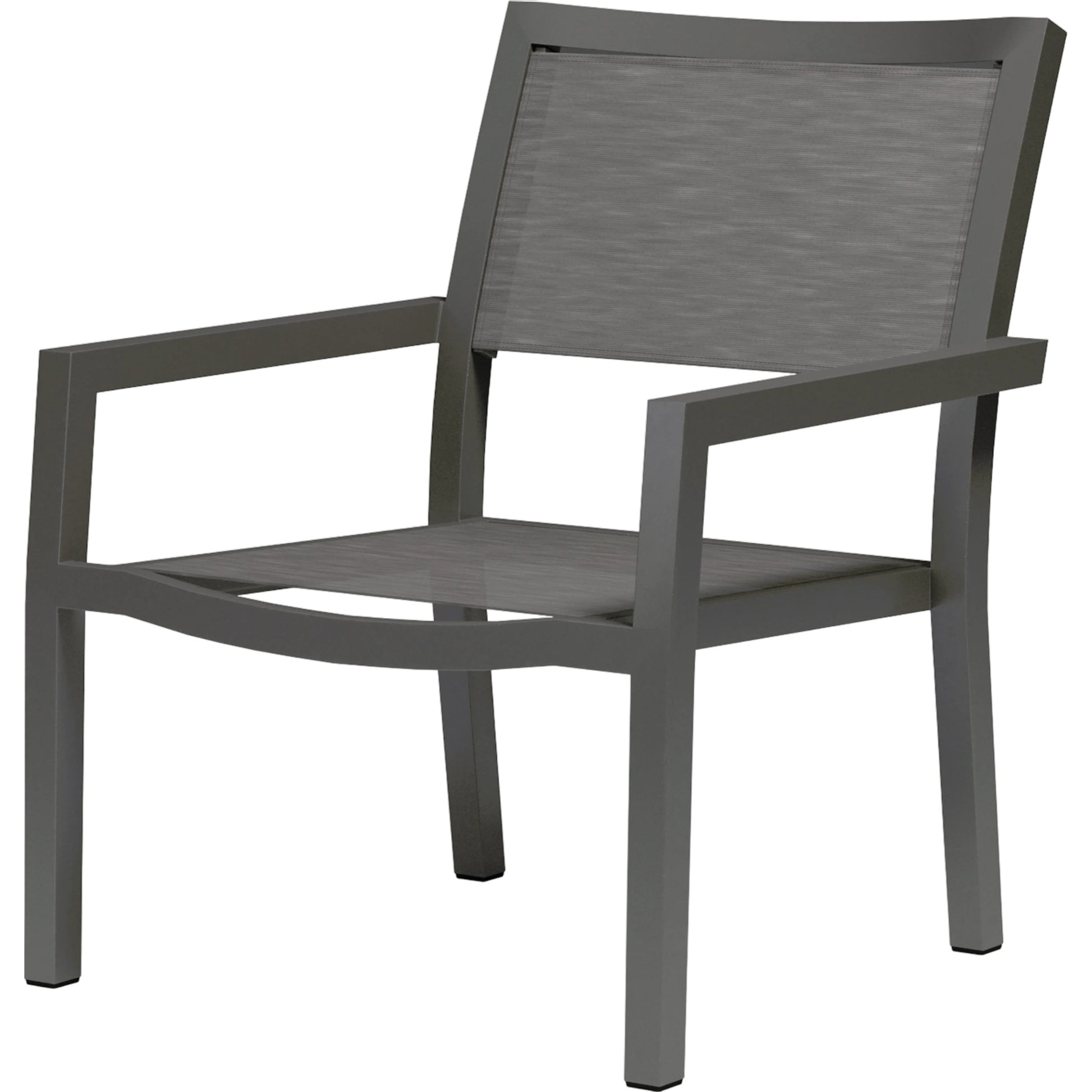 Vegas Outdoor Stackable Sling Club Chair by Sunset West in graphite. Made from aluminum in a modern style.