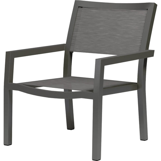 Vegas Outdoor Stackable Sling Club Chair by Sunset West in graphite. Made from aluminum in a modern style.