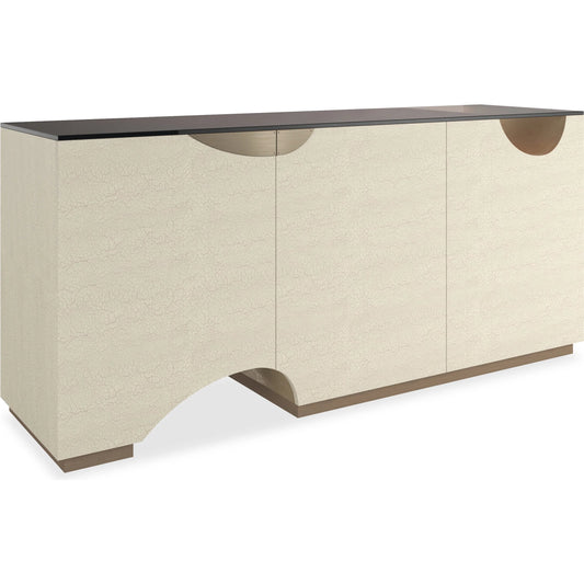 Chasm Media Console by Caracole in ivory craze, ivory, taupe silver leaf, brushed gold paint. Made from asian hardwood, glass in a unique style.