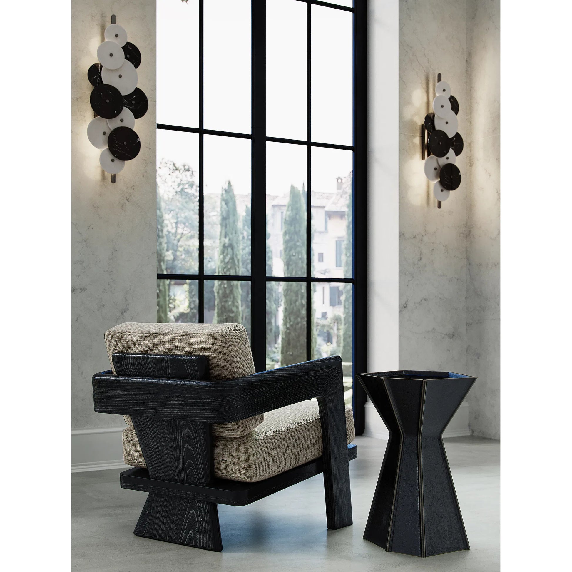 Inyo Wall Sconce by Currey and Company in natural, satin black. Made from alabaster, marble, metal in a modern style.