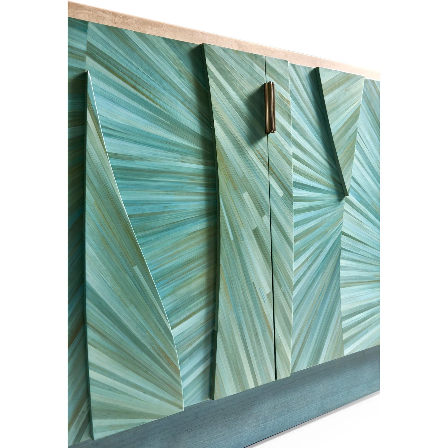 010 SI-2252659 | Closeup | Seaglass Entertainment Console by Jonathan Charles in blue and blue straw. Made from straw, marble, stainless steel, koto veneer in a eclectic & global style.
