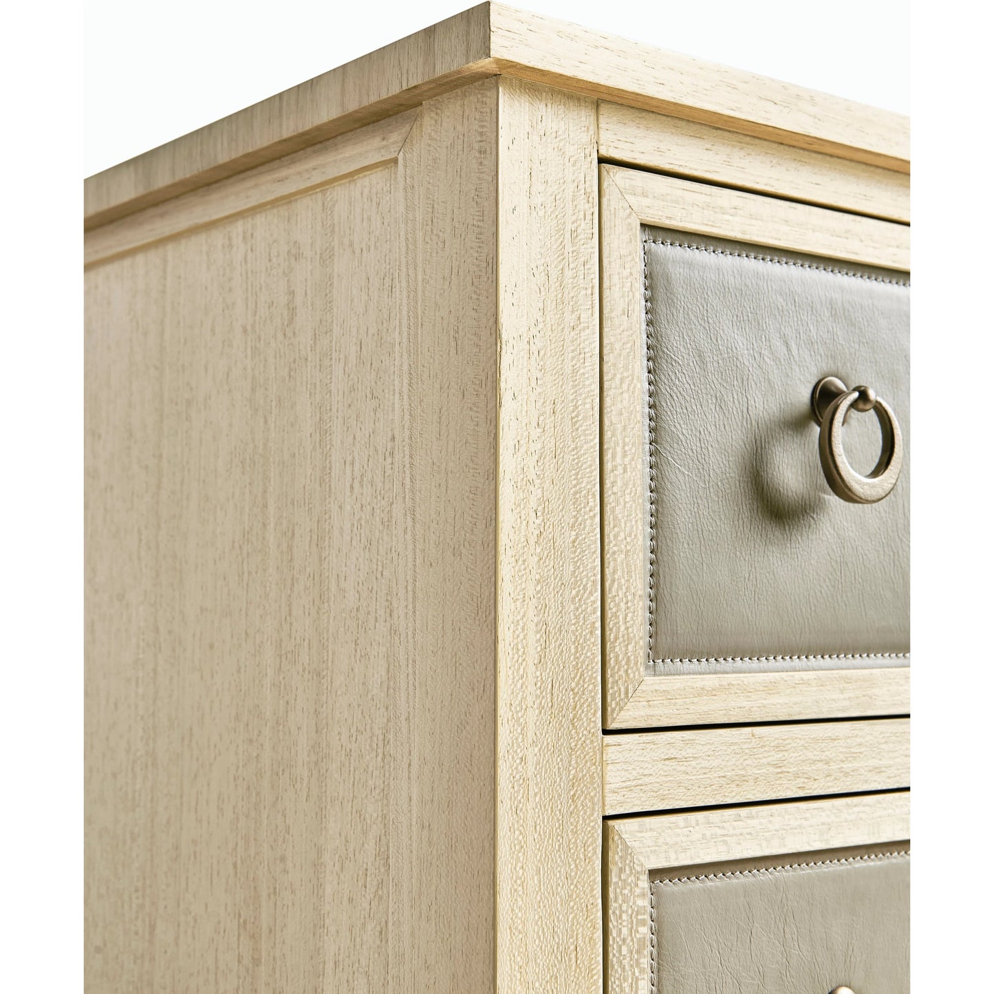 004 SI-2186251 | Closeup | Water Neap Leather Front Chest by Jonathan Charles in ash blonde. Made from died koto veneer, leather, brass in a transitional style.