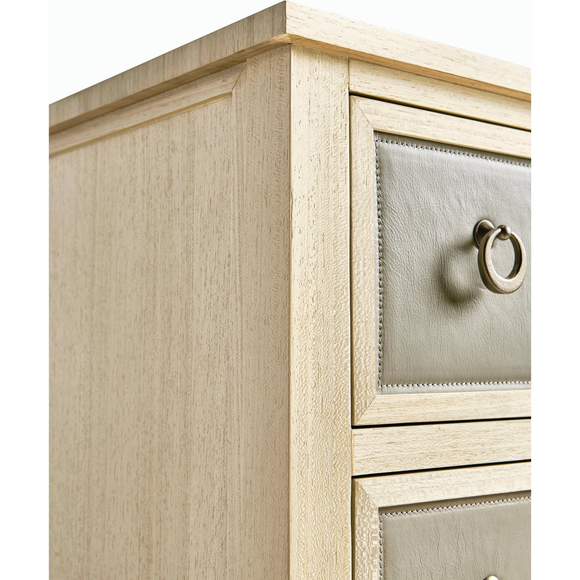 Water Neap Leather Front Chest by Jonathan Charles in ash blonde. Made from died koto veneer, leather, brass in a transitional style.