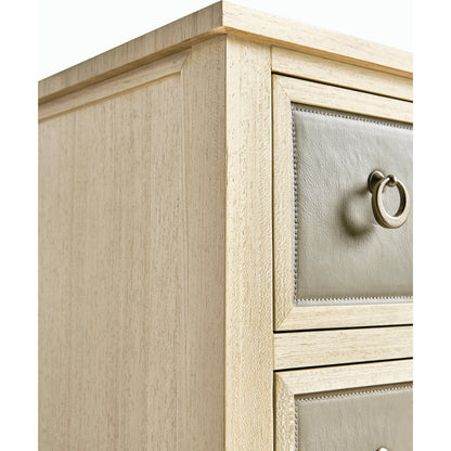 Water Neap Leather Front Chest by Jonathan Charles in ash blonde. Made from died koto veneer, leather, brass in a transitional style.
