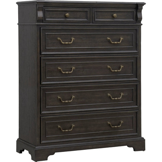 001 SI-2383572 | Primary Silo | Hickory Creek 6 Drawer Chest by Pulaski Furniture in brown velvet. Made from split heart cathedral hickory veneers in a unique style.