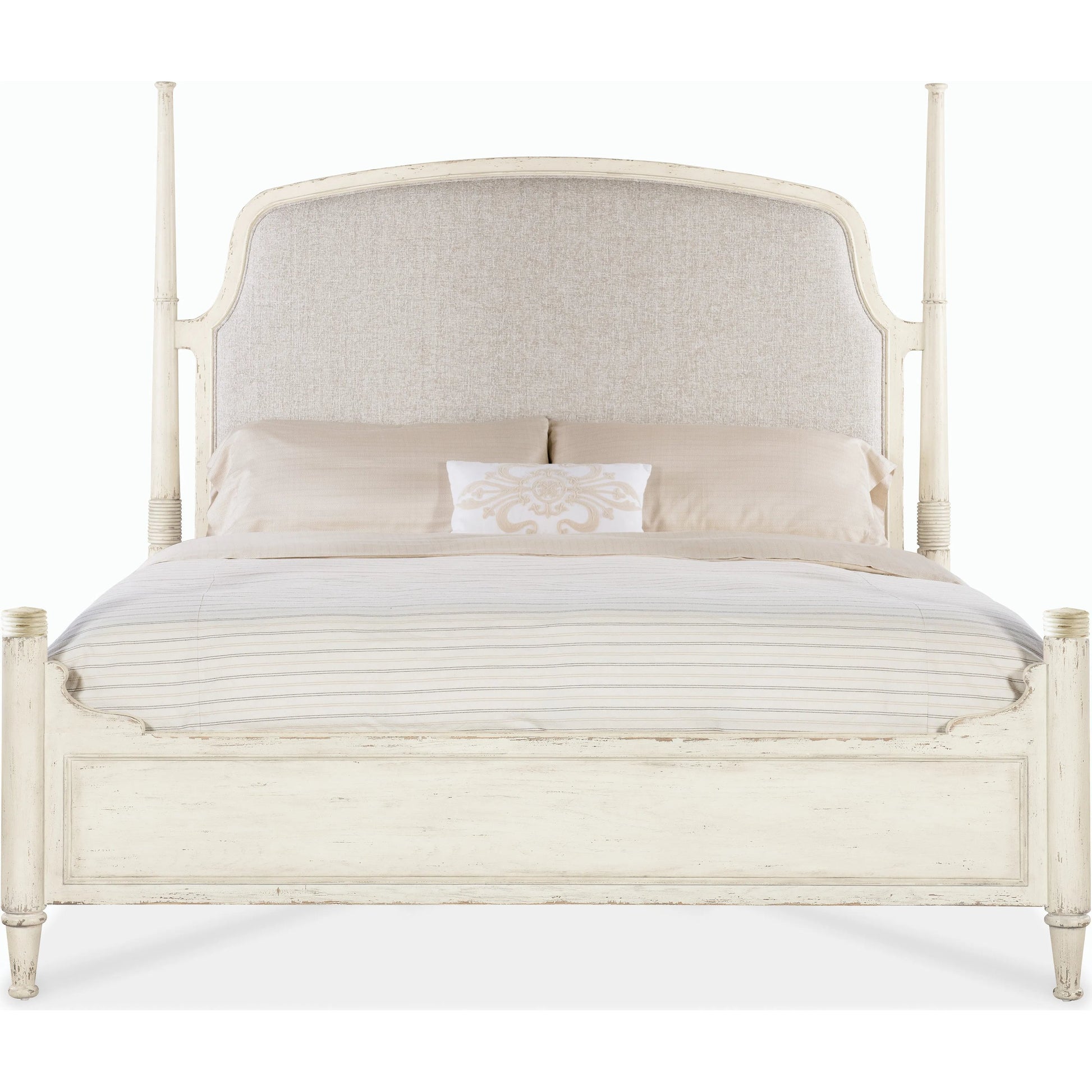 Americana King Upholstered Poster Bed by Hooker Furniture in beige. Made from oak veneers and fabric in a modern style.