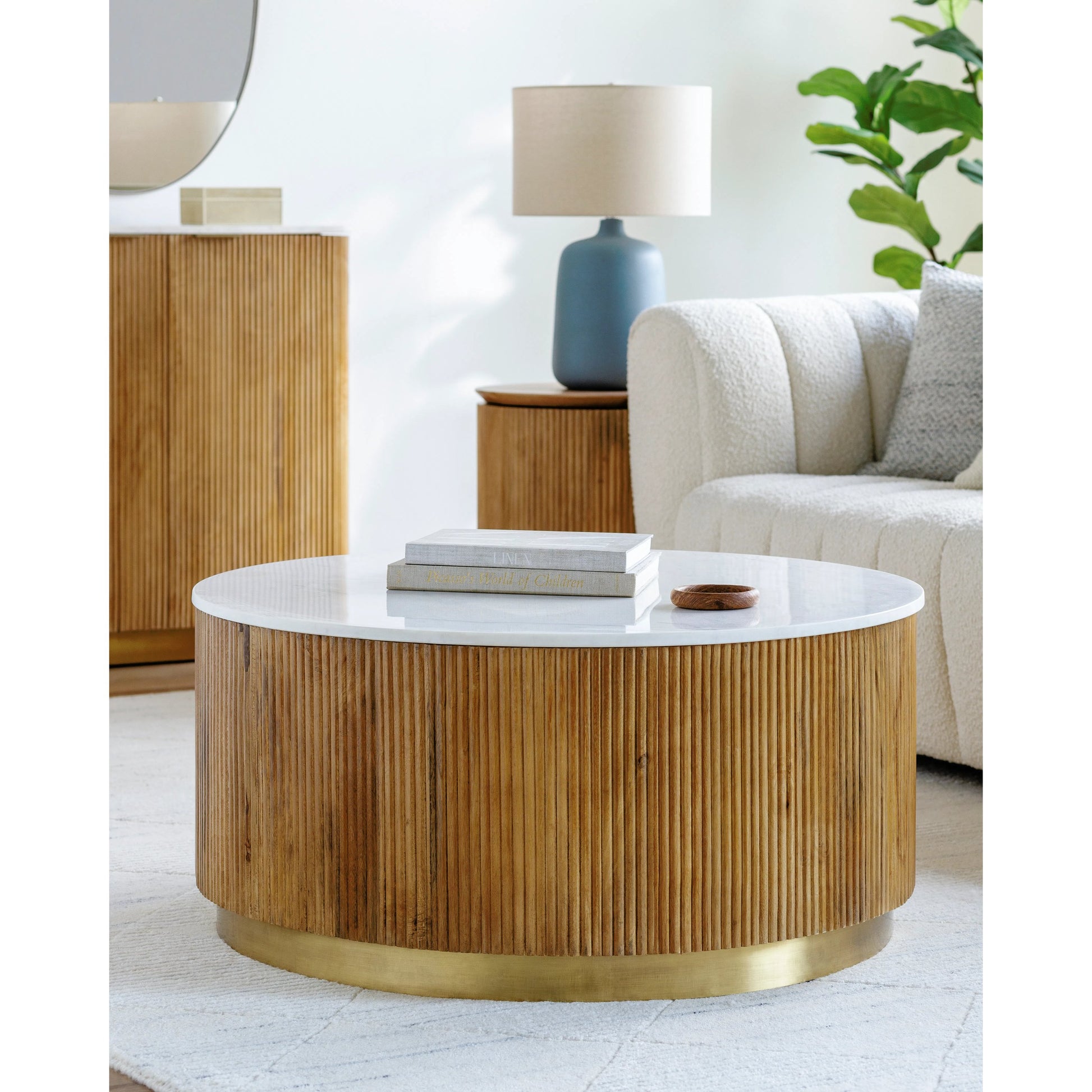 Nems Coffee Table - 500529 by Surya in wood finish, brushed polished. Made from marble, mango wood, brass in a modern style.