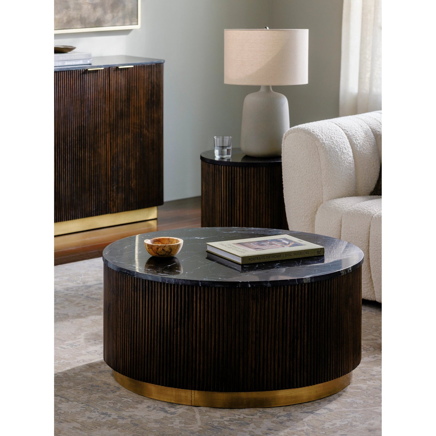 006 SI-2099316 | Lifestyle | Nems Coffee Table - 500529 by Surya in wood finish, brushed polished. Made from marble, mango wood, brass in a modern style.