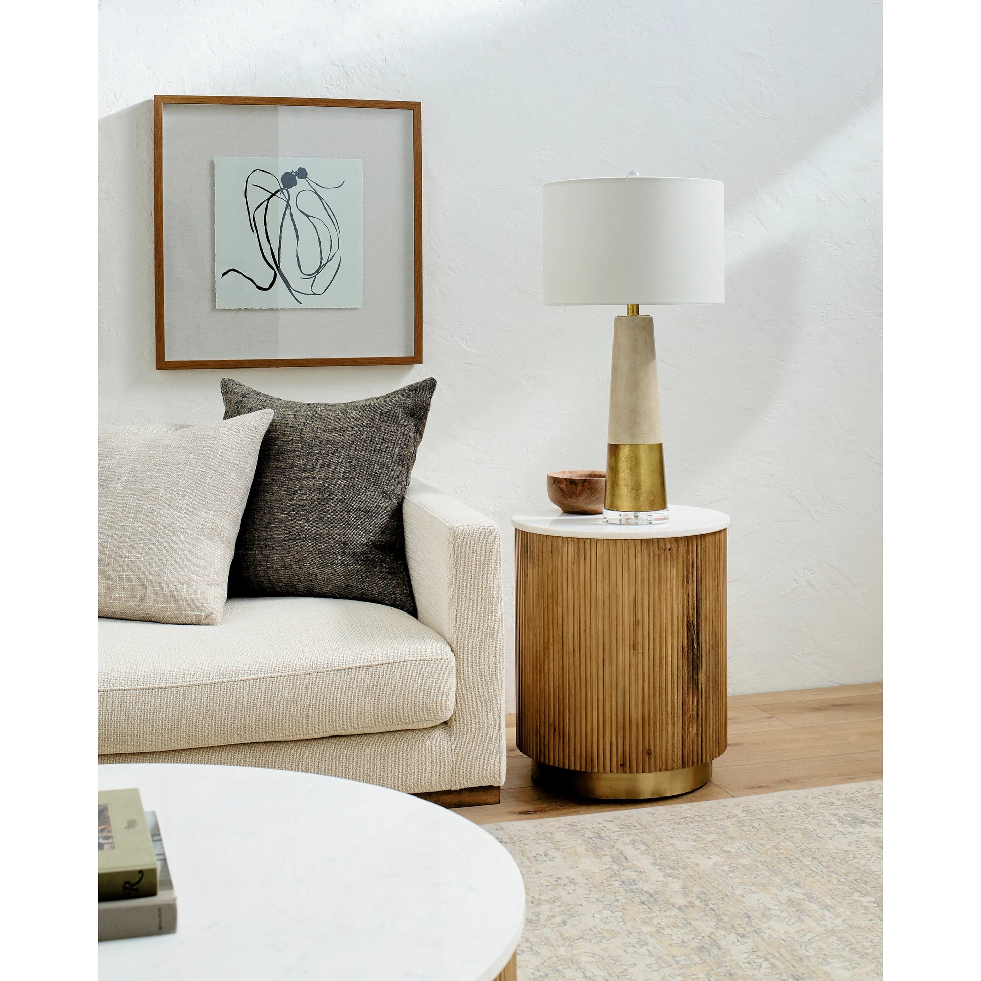 Nems - 500535 by Surya in wood finish. Made from top: marble, base: mango wood, brass in a modern style.