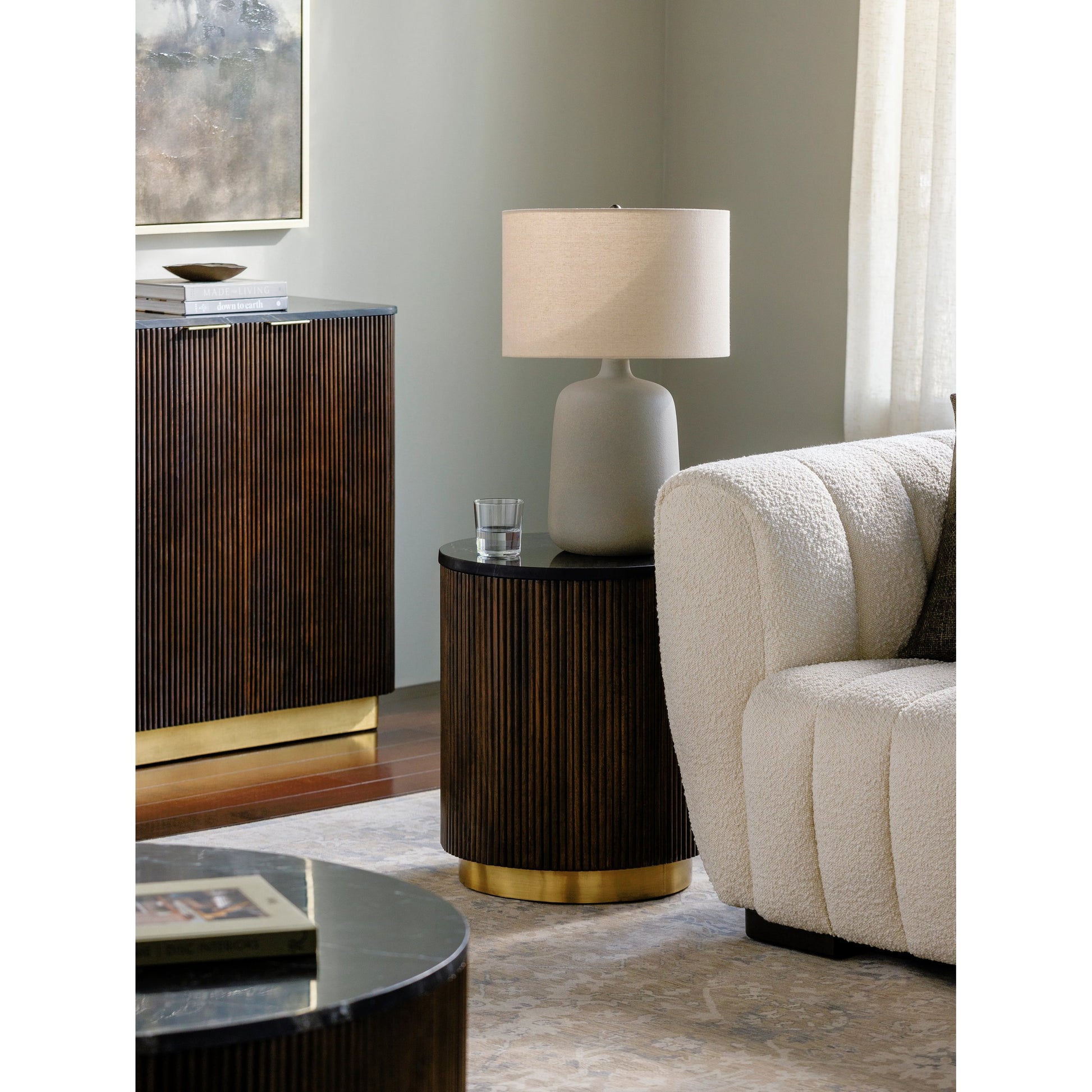 Nems - 500535 by Surya in wood finish. Made from top: marble, base: mango wood, brass in a modern style.