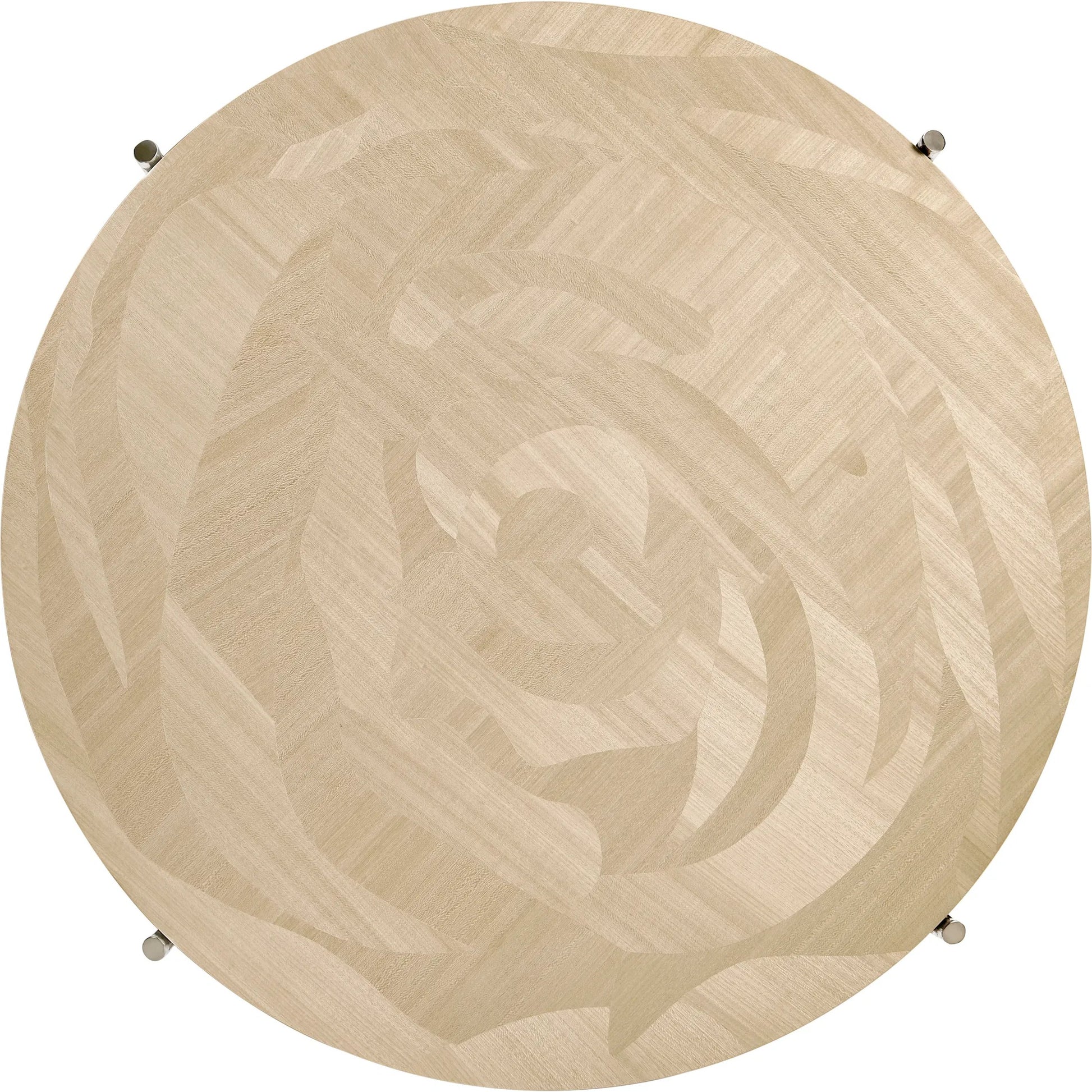 Tidepool Round Cocktail Table by Jonathan Charles in beige and natural dyed koto. Made from koto veneer, stainless steel in a transitional style.