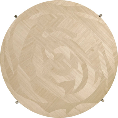 Tidepool Round Cocktail Table by Jonathan Charles in beige and natural dyed koto. Made from koto veneer, stainless steel in a transitional style.