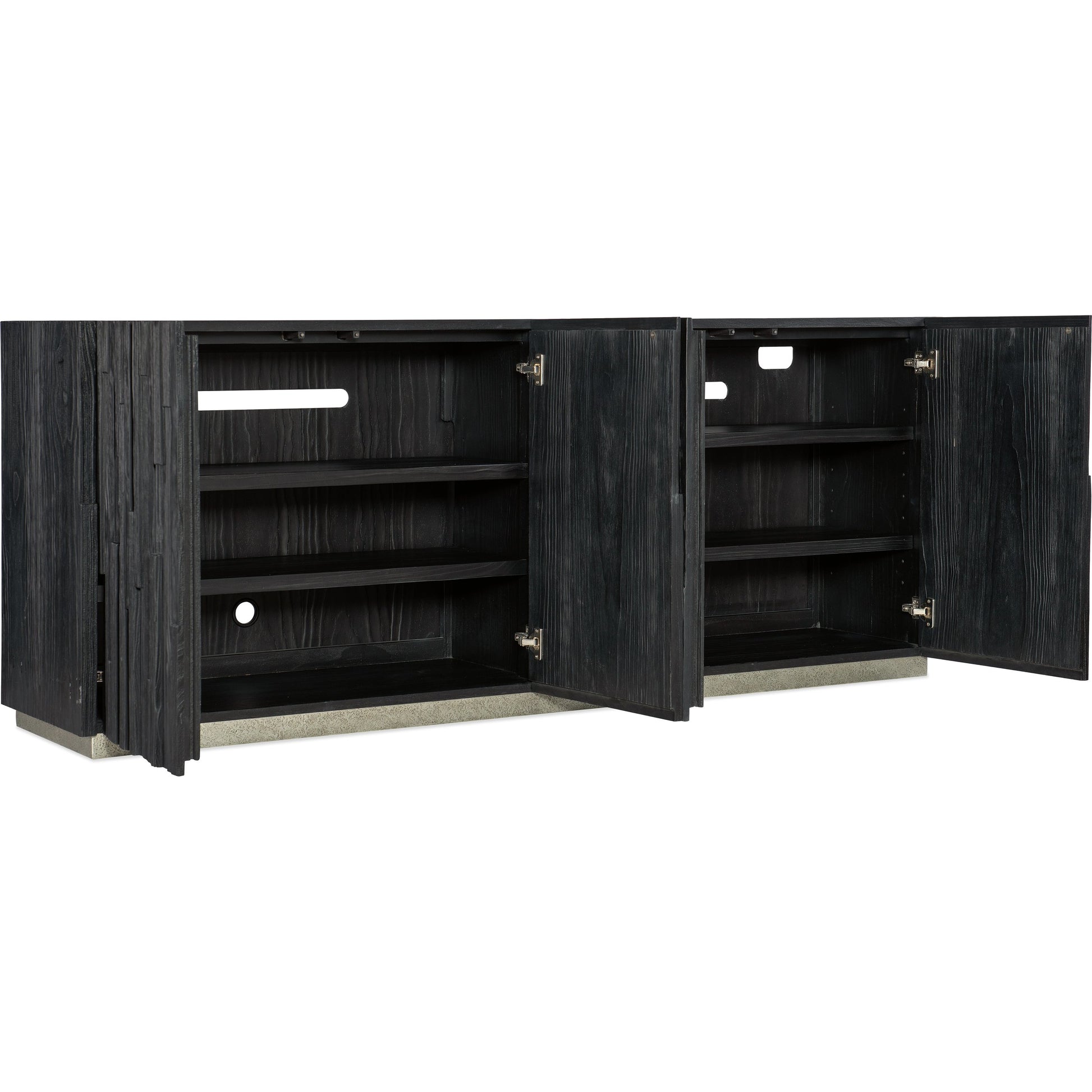 Chapman Shou Sugi Ban Entertainment Console by Hooker Furniture in charred black. Made from pine veneers in a modern style.