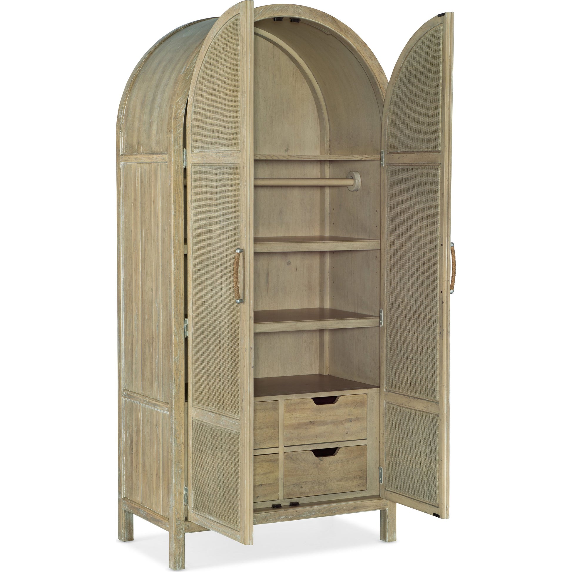 Surfrider Wardrobe by Hooker Furniture in driftwood. Made from pecan veneers, rattan, self-closing undermount drawer guides in a coastal style.