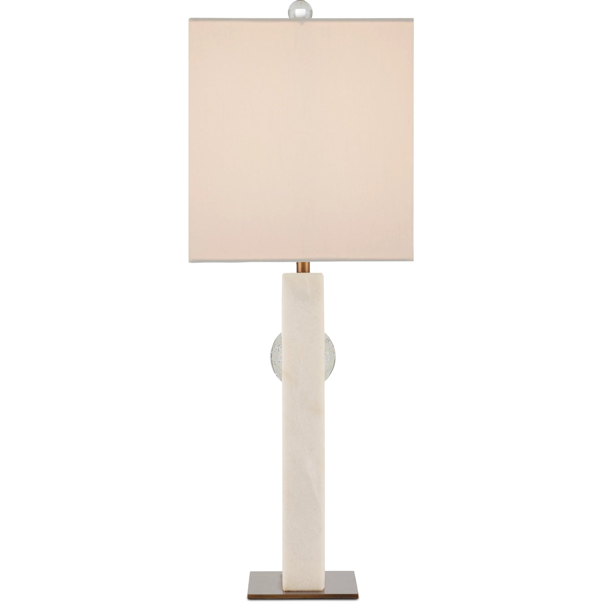 Radiant Table Lamp by Currey and Company in white, clear, antique brass. Made from white marble, glass, metal in a modern style.