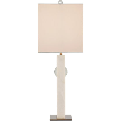 Radiant Table Lamp by Currey and Company in white, clear, antique brass. Made from white marble, glass, metal in a modern style.