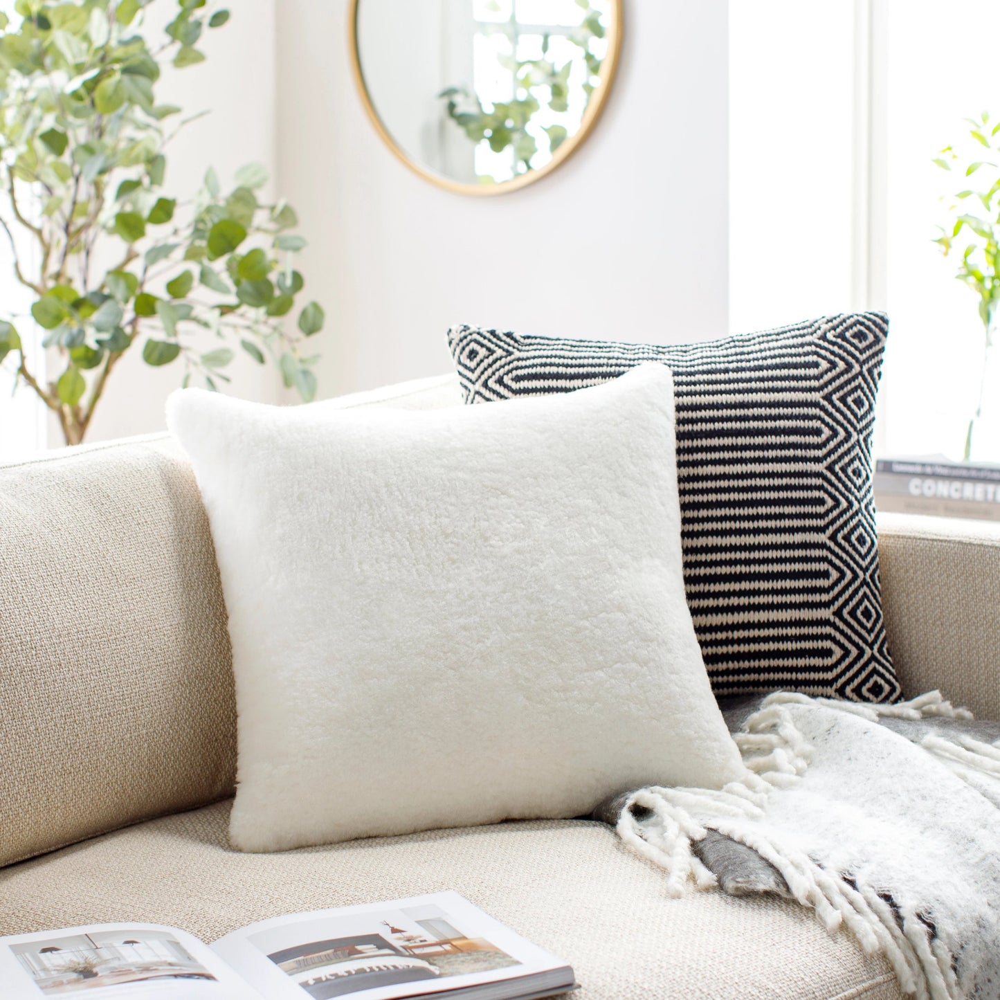 001 SI-1905740,SI-1905741 | Lifestyle | Northland Pillow - 22195 by Surya in cream. Made from front: 100% leather, back: 100% cotton in a modern style.