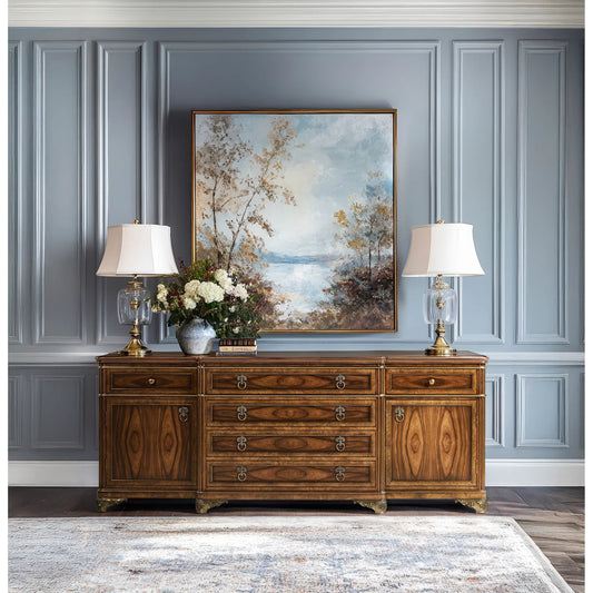Viceroy Buffet by Jonathan Charles in viceroy brown santos. Made from local mahogany, oak, celejeria veneer, oak veneer, brass, acacia veneer, santos rosewood crown veneer in a unique style.