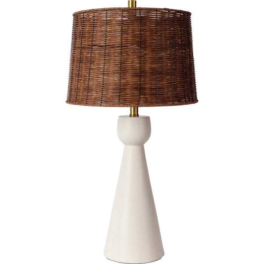 Nino - 479375 by Surya in body: white, shade: brown, finial: metallic - brass, harp: metallic - brass, cord: translucent and painted. Made from body: resin, shade (outside): rattan, finial: metal in a cottage & farmhouse 