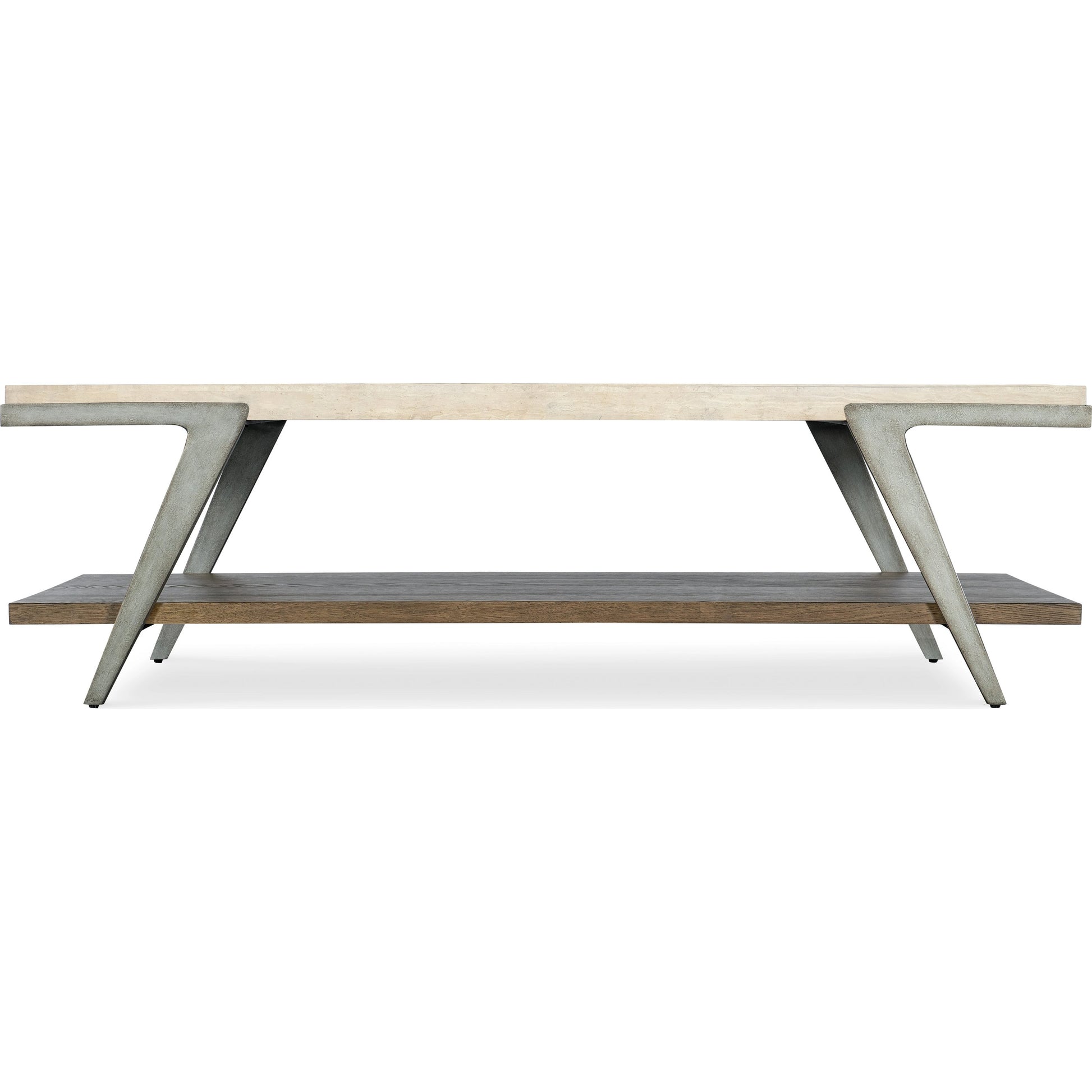 Commerce and Market Boomerang Cocktail Table by Hooker Furniture in cream. Made from sheet metal, travertine marble, oak veneers in a modern style.