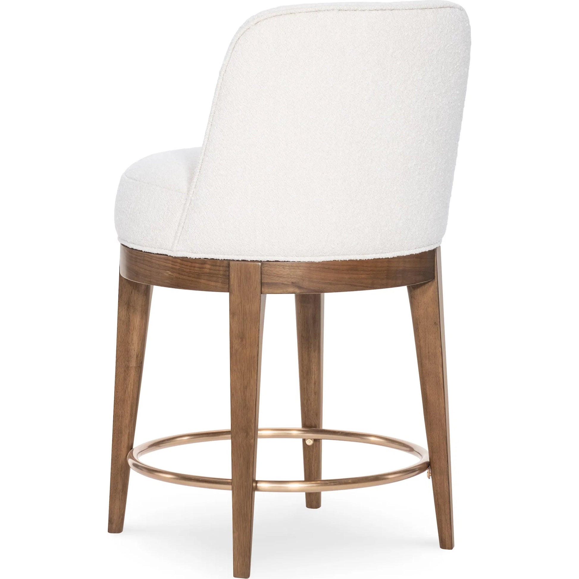 Eleana Counter Stool by Hooker Furniture in beige and light caramel, quartered walnut veneers, sunlit bronze metal. Made from walnut veneers, fabric in a transitional style.