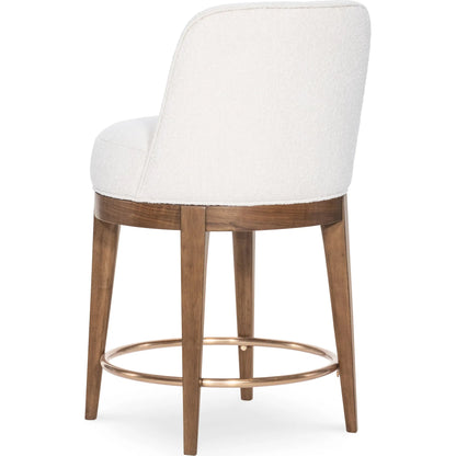 Eleana Counter Stool by Hooker Furniture in beige and light caramel, quartered walnut veneers, sunlit bronze metal. Made from walnut veneers, fabric in a transitional style.