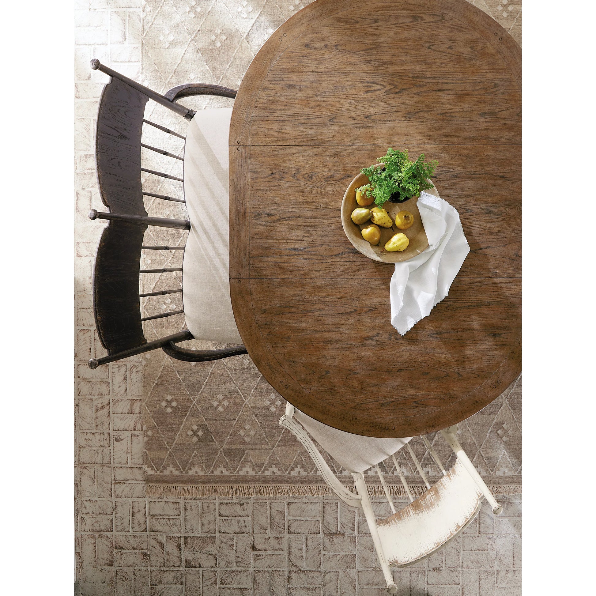 Americana Dining Bench by Hooker Furniture in beige. Made from oak veneers and fabric in a cottage & farmhouse style.