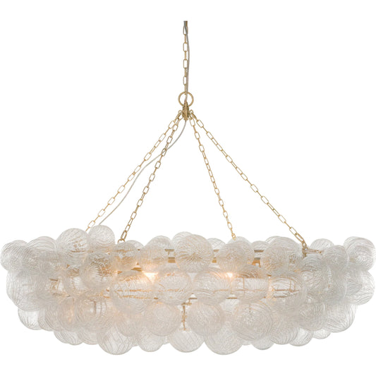 Noira Chandelier by Surya in metallic brass, clear and electroplated. Made from iron, glass in a unique style.