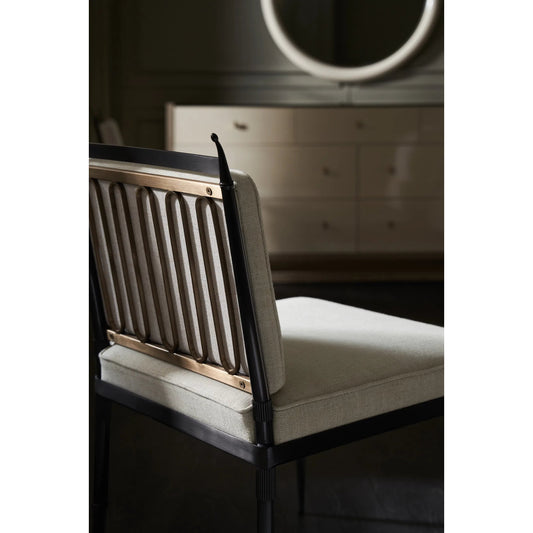 Athena Side Chair by Caracole in linen, gold and graphite, brushed gold. Made from metal in a unique style.