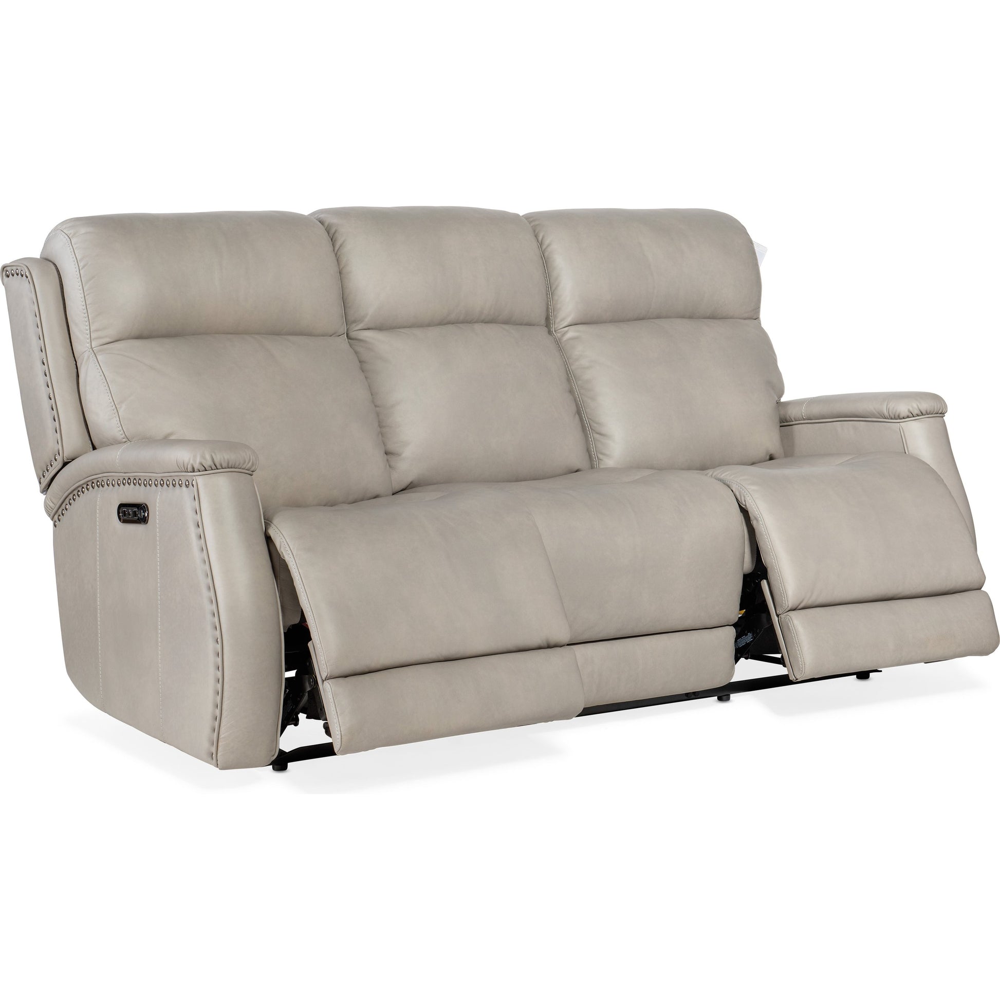 Rhea Zero Gravity Power Recline Sofa by Hooker Furniture in sahara ash. Made from leather in a traditional style.