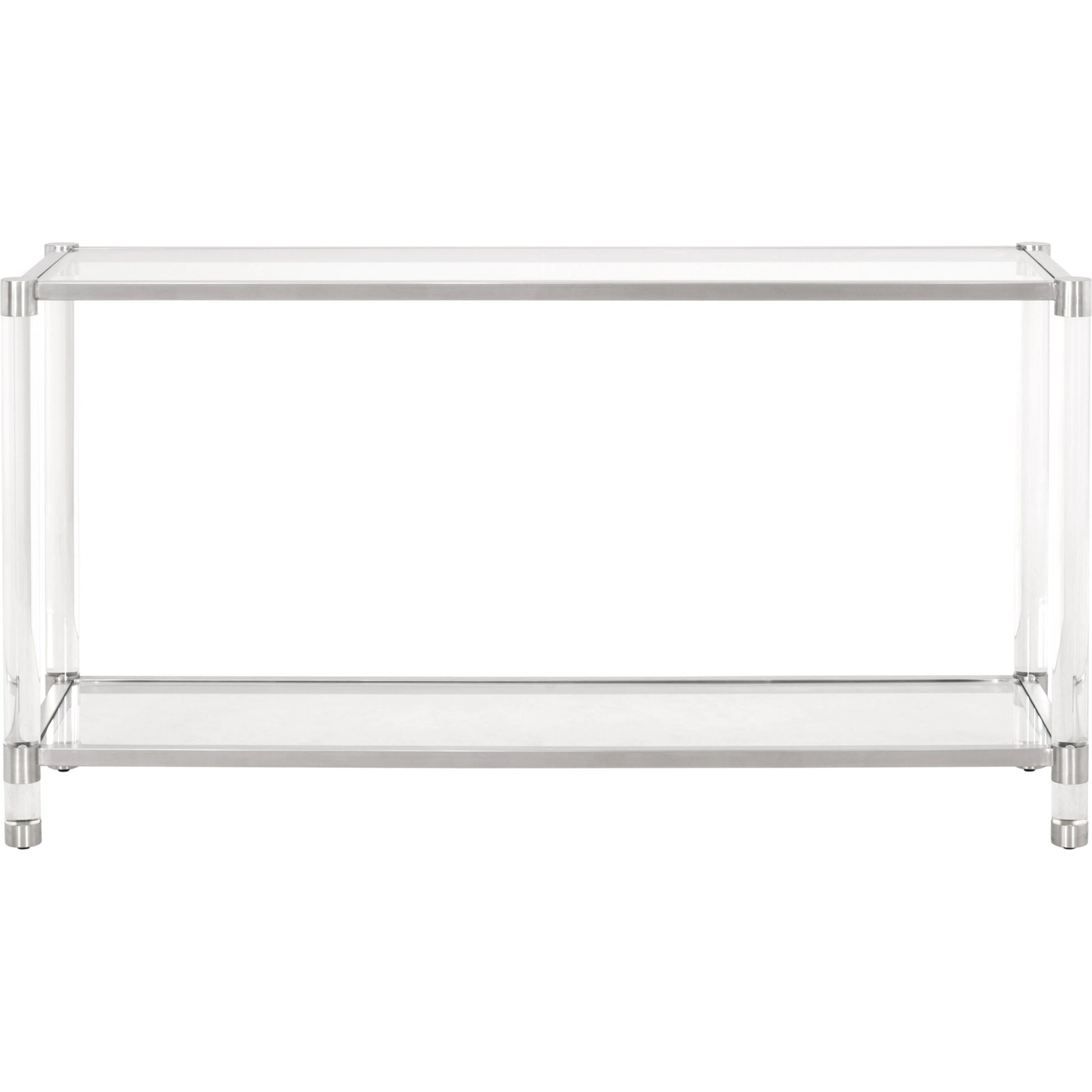 Nouveau Console Table by Essentials For Living in brass, clear. Made from metal, acrylic, glass in a transitional style.