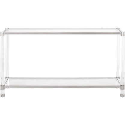 Nouveau Console Table by Essentials For Living in brass, clear. Made from metal, acrylic, glass in a transitional style.