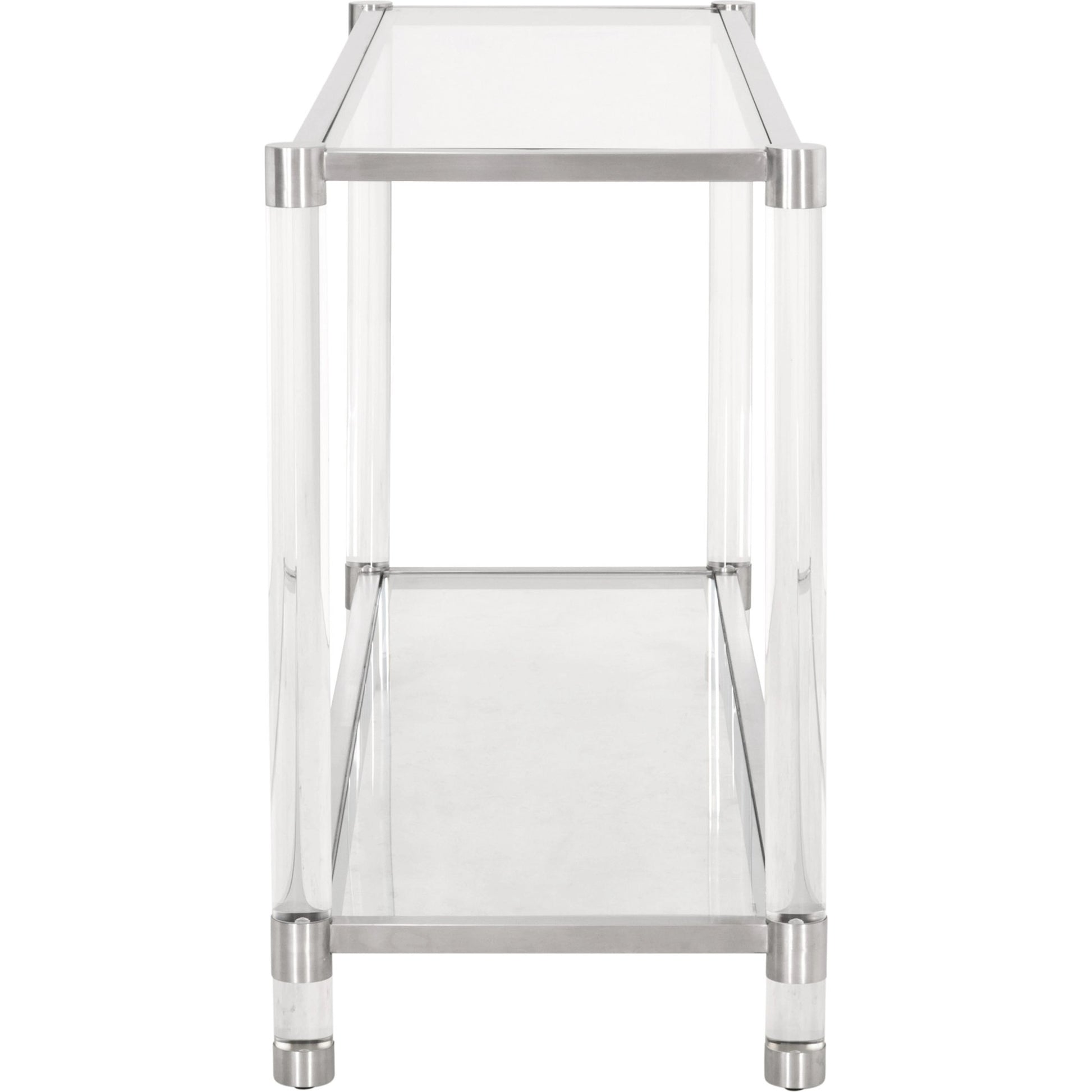 Nouveau Console Table by Essentials For Living in brass, clear. Made from metal, acrylic, glass in a transitional style.