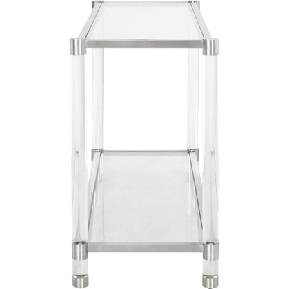 Nouveau Console Table by Essentials For Living in brass, clear. Made from metal, acrylic, glass in a transitional style.