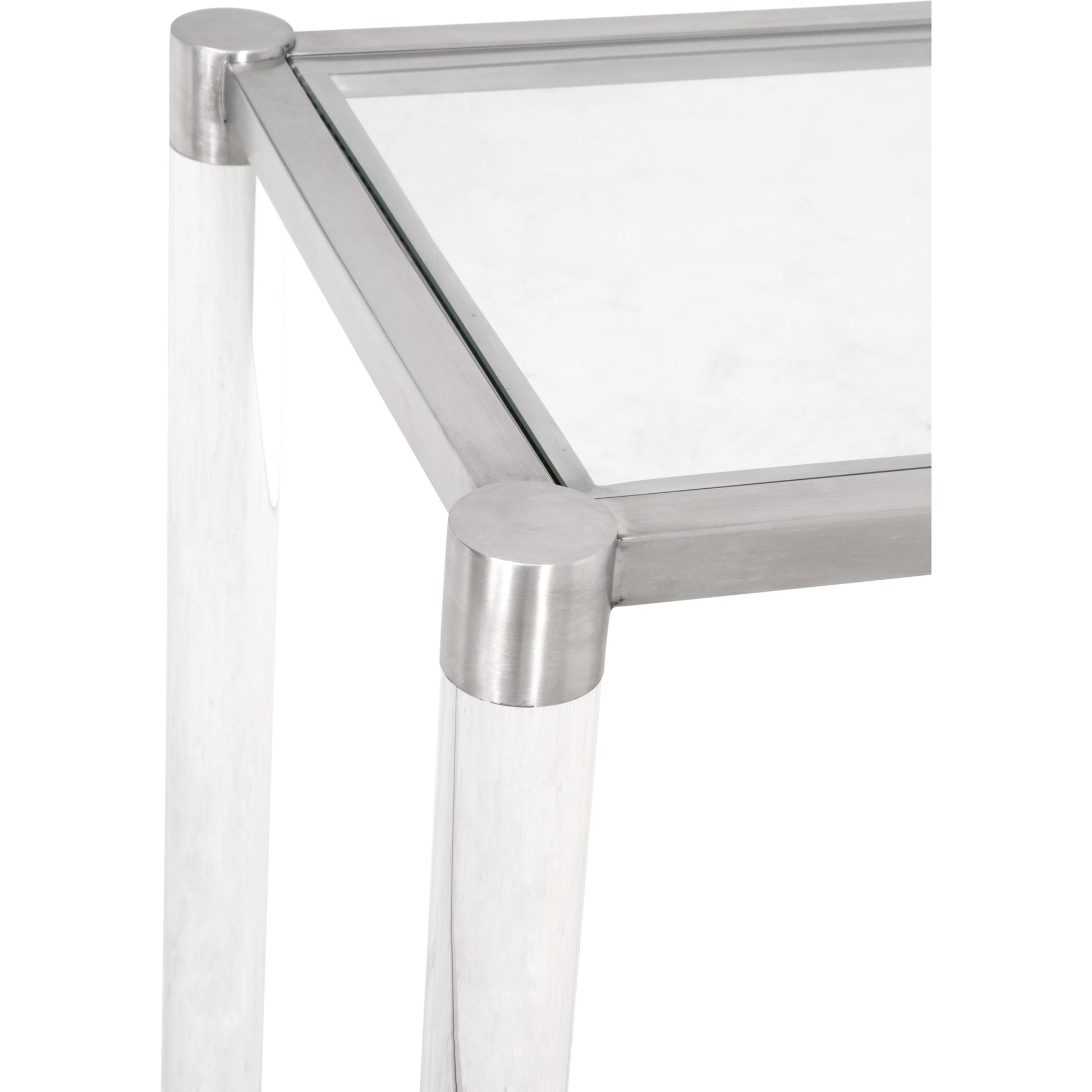 Nouveau Console Table by Essentials For Living in brass, clear. Made from metal, acrylic, glass in a transitional style.