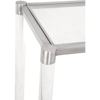 Nouveau Console Table by Essentials For Living in brass, clear. Made from metal, acrylic, glass in a transitional style.