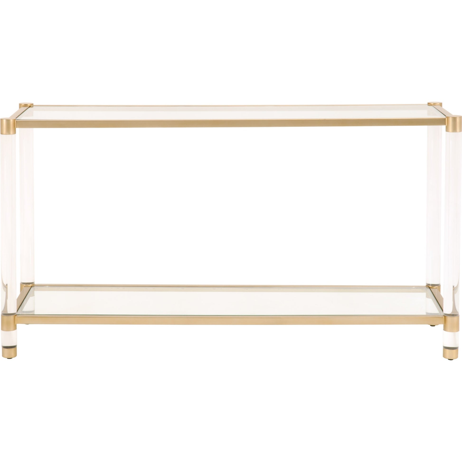Nouveau Console Table by Essentials For Living in brass, clear. Made from metal, acrylic, glass in a transitional style.