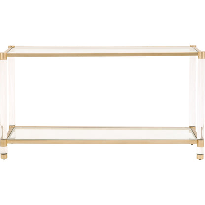 Nouveau Console Table by Essentials For Living in brass, clear. Made from metal, acrylic, glass in a transitional style.