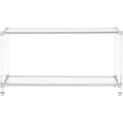 Nouveau Console Table by Essentials For Living in brass, clear. Made from metal, acrylic, glass in a transitional style.