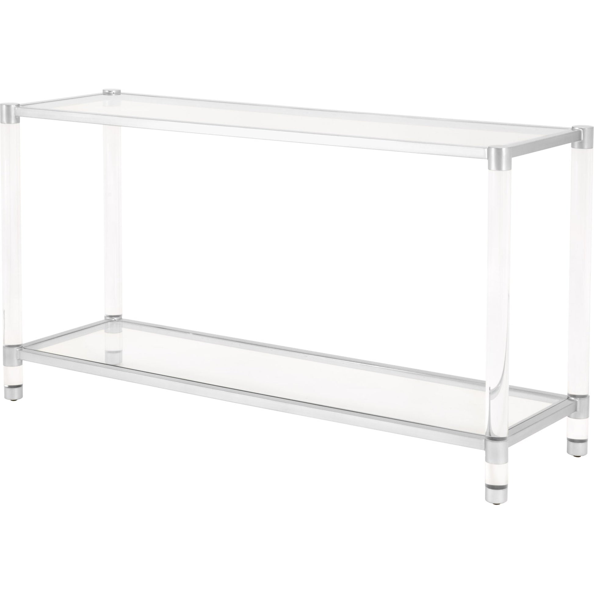 Nouveau Console Table by Essentials For Living in brass, clear. Made from metal, acrylic, glass in a transitional style.